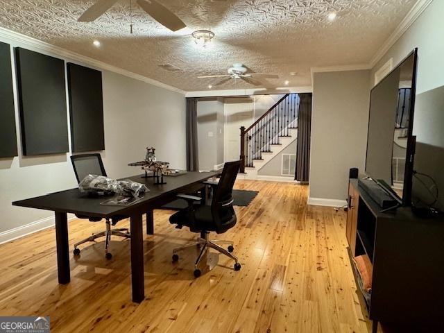 360 Morgan Mill Rd, Brooks, GA 30205 - office space with ceiling fan, ornamental molding, light wood finished floors, and a textured ceiling
