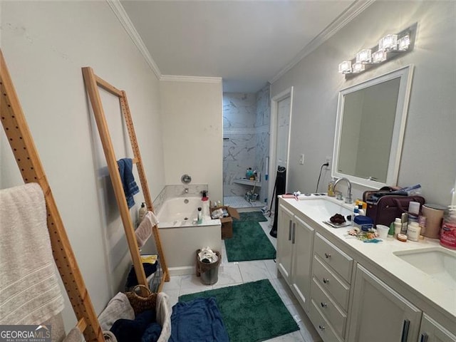 713 Pine Chase, Lawrenceville, GA 30043 - full bathroom featuring a bath, double vanity, a walk in shower, and ornamental molding