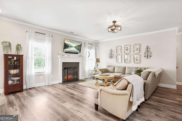 2326 Britt St, Grayson, GA 30017 - living area with ornamental molding, a fireplace with flush hearth, and wood finished floors