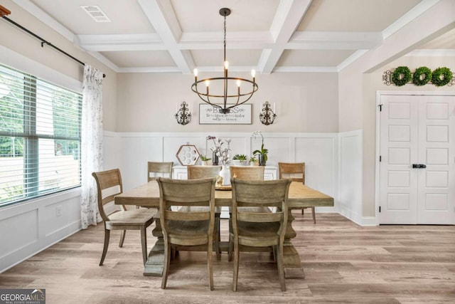 2326 Britt St, Grayson, GA 30017 - dining area featuring coffered ceiling, a chandelier, light wood-style floors, beamed ceiling, and a decorative wall