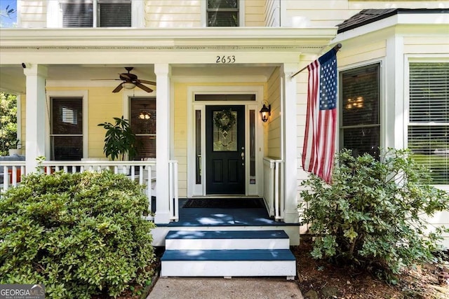 2653 W Main St NW, Atlanta, GA 30318 - property entrance with a ceiling fan and covered porch
