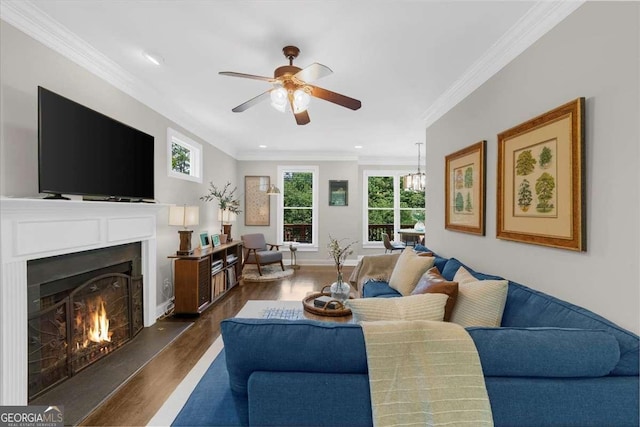 2653 W Main St NW, Atlanta, GA 30318 - living area with a ceiling fan, ornamental molding, dark wood finished floors, a lit fireplace, and recessed lighting