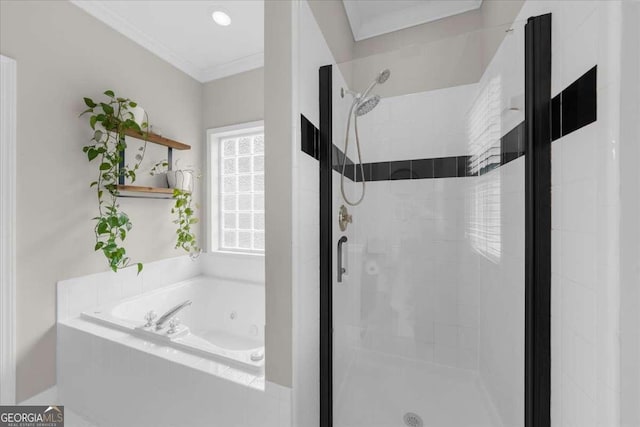 2653 W Main St NW, Atlanta, GA 30318 - bathroom with a shower stall, a tub with jets, and ornamental molding