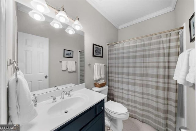 2653 W Main St NW, Atlanta, GA 30318 - full bath with ornamental molding, vanity, tile patterned floors, and a shower with shower curtain