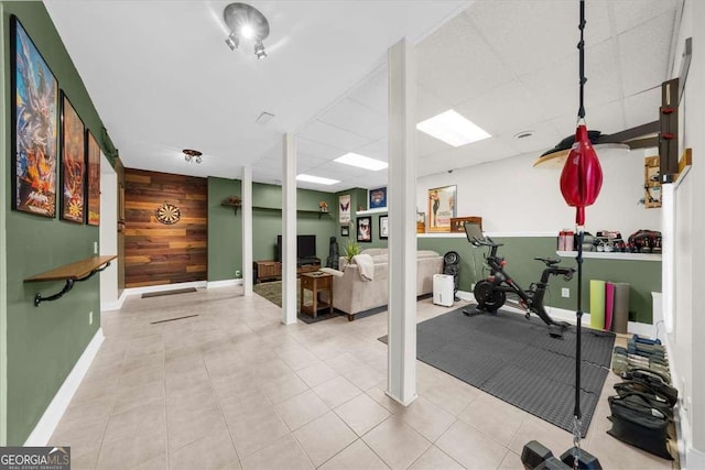 2653 W Main St NW, Atlanta, GA 30318 - workout room featuring wood walls, a drop ceiling, and tile patterned flooring