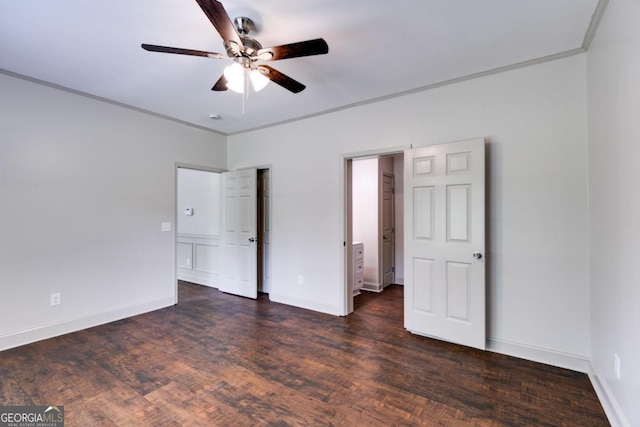 370 Simms Rd, Carrollton, GA 30117 - unfurnished bedroom featuring dark wood-style flooring, crown molding, and a ceiling fan