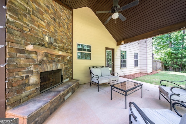 38 Pin Oak Way, Hamilton, GA 31811 - view of patio / terrace with ceiling fan and an outdoor living space with a fireplace