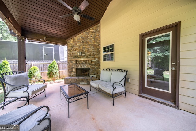 38 Pin Oak Way, Hamilton, GA 31811 - view of patio / terrace with a ceiling fan and an outdoor living space with a fireplace