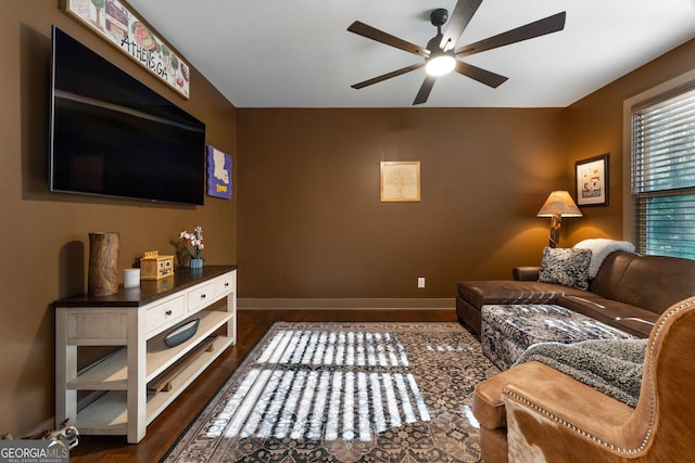 4 Bluff Ct SE, Cartersville, GA 30120 - living room featuring ceiling fan and dark wood finished floors