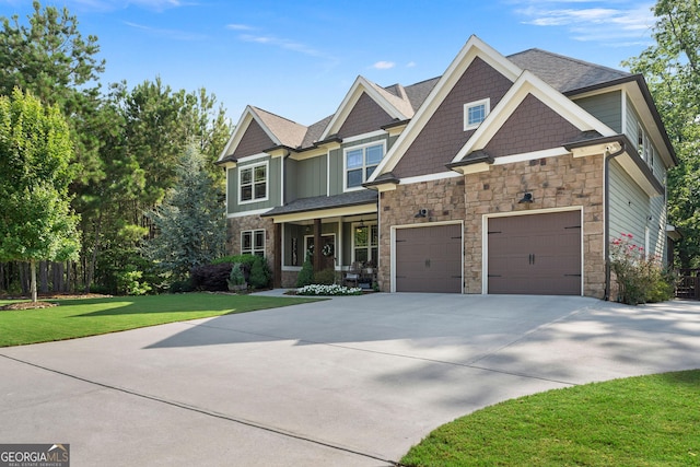 4 Bluff Ct SE, Cartersville, GA 30120 - craftsman inspired home with stone siding, driveway, a garage, a front lawn, and roof with shingles