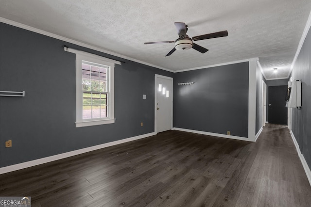 101 Leverett St, Warm Springs, GA 31830 - empty room with a textured ceiling, crown molding, a ceiling fan, and dark wood-style floors