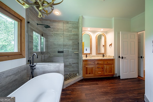 124 Old Salem Trl, Pine Mountain, GA 31822 - full bath with a stall shower, a freestanding tub, crown molding, double vanity, and a chandelier