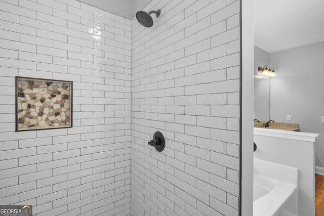 3177 Rodgers Creek Rd Unit 169, Ellijay, GA 30540 - full bath with tiled shower, wood finished floors, and vanity