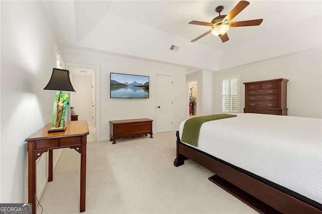 1117 Haven Glen Ln NE, Brookhaven, GA 30319 - bedroom featuring light colored carpet, crown molding, a tray ceiling, and a ceiling fan