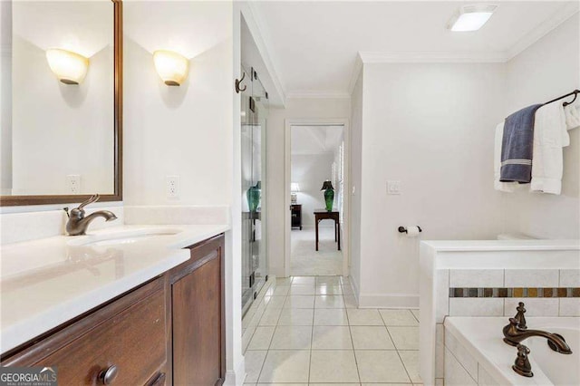 1117 Haven Glen Ln NE, Brookhaven, GA 30319 - full bathroom with vanity, a garden tub, tile patterned floors, crown molding, and a shower with shower door