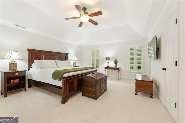 1117 Haven Glen Ln NE, Brookhaven, GA 30319 - bedroom featuring a raised ceiling, light colored carpet, crown molding, and a ceiling fan