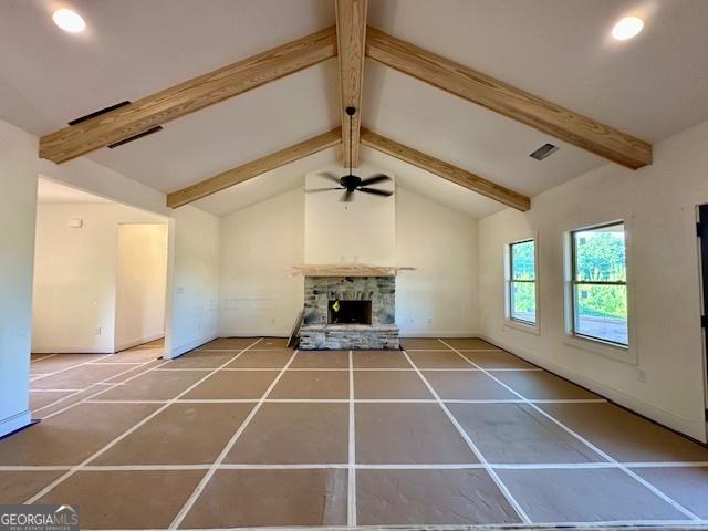 3609 Youngs Mill Rd, Hogansville, GA 30230 - unfurnished living room with ceiling fan, a fireplace, and recessed lighting