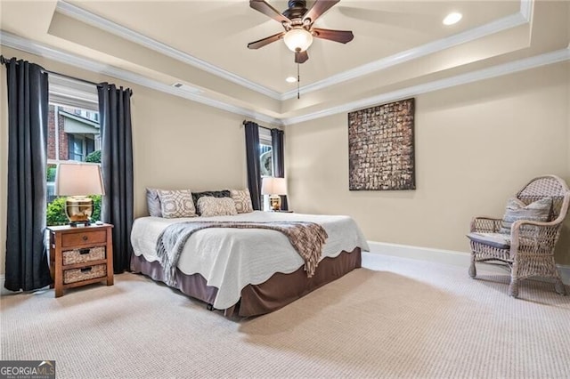 217 Fernwood Pl, Woodstock, GA 30188 - bedroom featuring a tray ceiling, carpet floors, crown molding, recessed lighting, and a ceiling fan