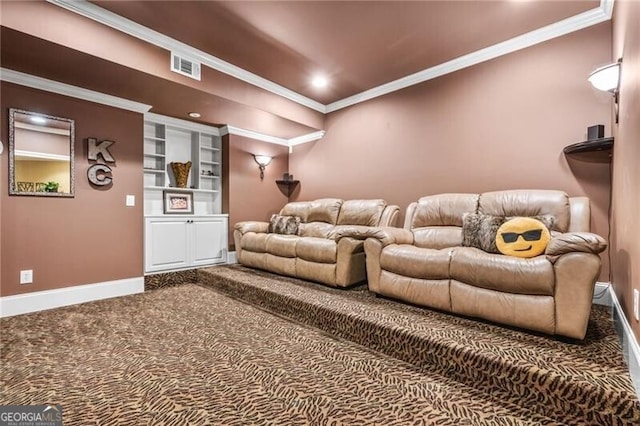 217 Fernwood Pl, Woodstock, GA 30188 - cinema room featuring ornamental molding, dark carpet, and recessed lighting