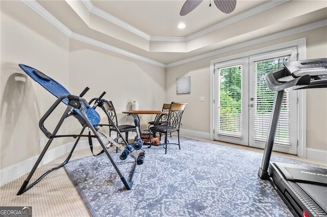 217 Fernwood Pl, Woodstock, GA 30188 - workout room featuring carpet floors, crown molding, a raised ceiling, ceiling fan, and french doors