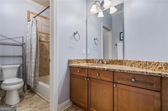 217 Fernwood Pl, Woodstock, GA 30188 - full bathroom featuring vanity, shower / bathtub combination with curtain, crown molding, and tile patterned flooring