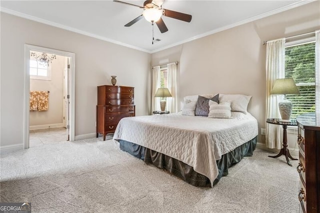 217 Fernwood Pl, Woodstock, GA 30188 - bedroom with carpet floors, crown molding, ceiling fan, and ensuite bath
