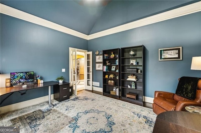 217 Fernwood Pl, Woodstock, GA 30188 - office space featuring high vaulted ceiling, wood finished floors, and french doors