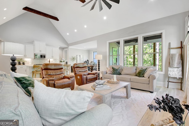 192 Greyfairs Ave, Senoia, GA 30276 - living area with high vaulted ceiling, ceiling fan, light wood-style floors, recessed lighting, and beamed ceiling