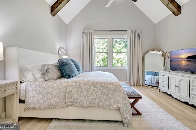 192 Greyfairs Ave, Senoia, GA 30276 - bedroom featuring beam ceiling, light wood-type flooring, high vaulted ceiling, and ceiling fan