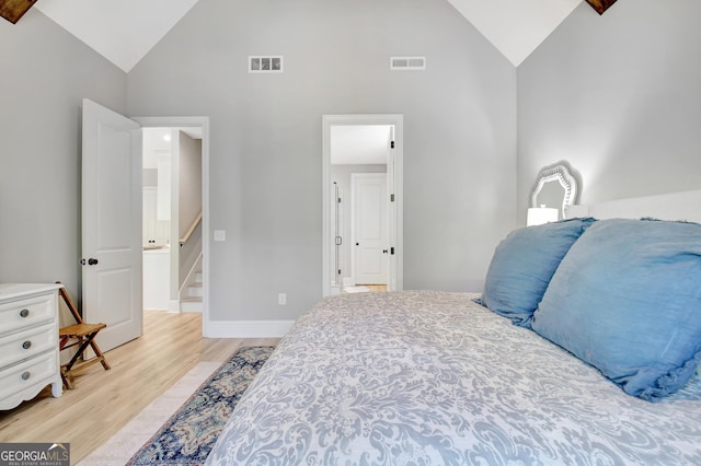 192 Greyfairs Ave, Senoia, GA 30276 - bedroom with high vaulted ceiling and light wood-style floors
