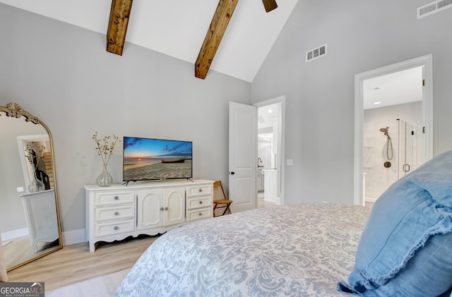 192 Greyfairs Ave, Senoia, GA 30276 - bedroom featuring high vaulted ceiling, light wood finished floors, beamed ceiling, connected bathroom, and a ceiling fan