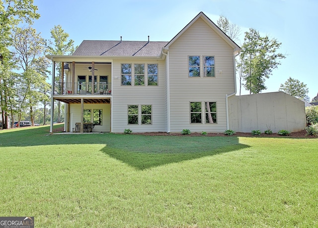 192 Greyfairs Ave, Senoia, GA 30276 - rear view of property featuring a balcony, ceiling fan, a yard, and a shingled roof