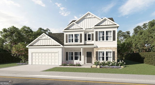 LOT32 Concord Cir, Senoia, GA 30276 - craftsman inspired home featuring board and batten siding, an attached garage, driveway, a front yard, and stone siding