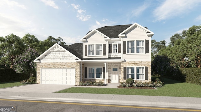 LOT32 Concord Cir, Senoia, GA 30276 - view of front of home with stone siding, concrete driveway, an attached garage, and a front lawn