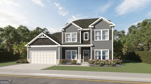 LOT32 Concord Cir, Senoia, GA 30276 - craftsman house featuring driveway, a front lawn, stone siding, and a garage
