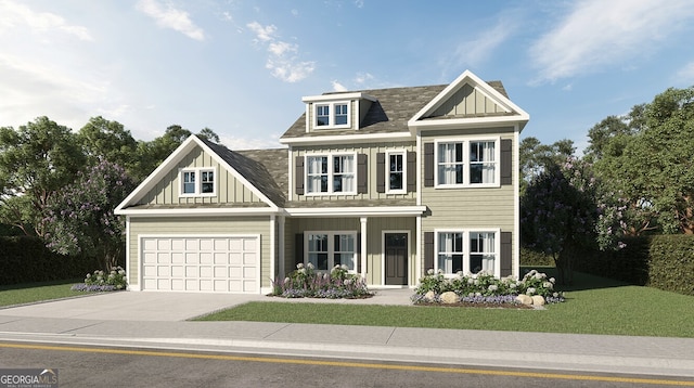 LOT32 Concord Cir, Senoia, GA 30276 - view of front of home featuring board and batten siding, concrete driveway, a front lawn, a garage, and a chimney