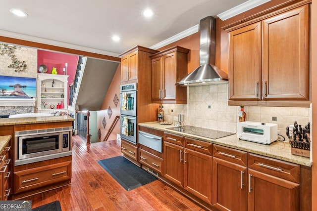 5717 Meadow View Dr, Jefferson, GA 30549 - kitchen with wall chimney range hood, stainless steel appliances, crown molding, a warming drawer, and dark wood-type flooring