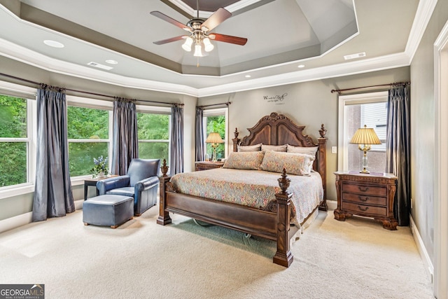 5717 Meadow View Dr, Jefferson, GA 30549 - bedroom featuring carpet flooring, a tray ceiling, crown molding, a ceiling fan, and recessed lighting