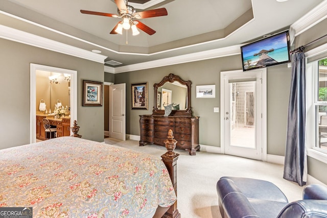 5717 Meadow View Dr, Jefferson, GA 30549 - bedroom featuring access to outside, light colored carpet, a tray ceiling, ceiling fan, and ornamental molding