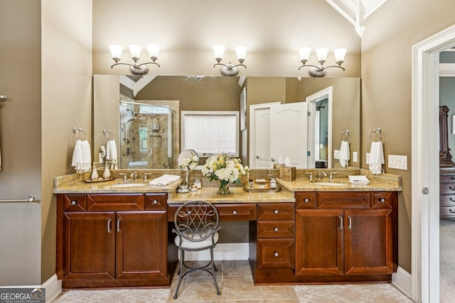 5717 Meadow View Dr, Jefferson, GA 30549 - bathroom featuring a shower stall, double vanity, crown molding, and tile patterned floors