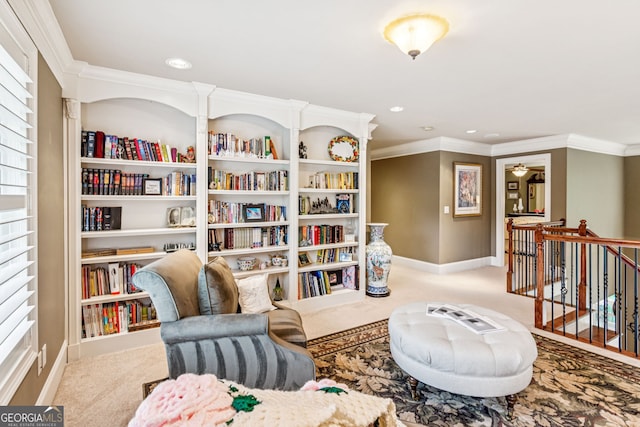 5717 Meadow View Dr, Jefferson, GA 30549 - sitting room with an upstairs landing, carpet, crown molding, and recessed lighting