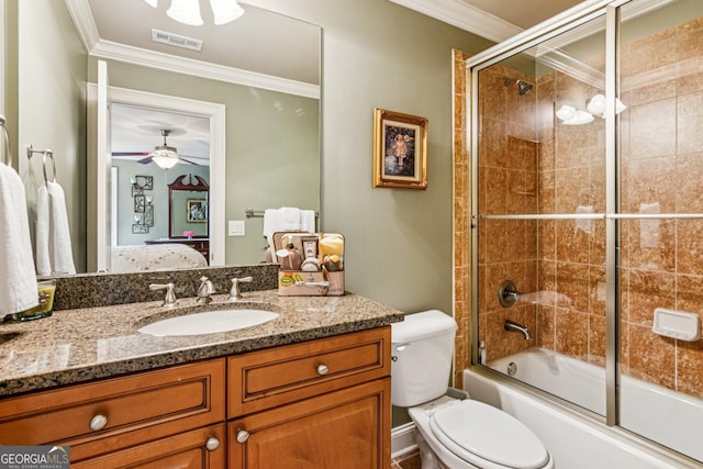 5717 Meadow View Dr, Jefferson, GA 30549 - bathroom with connected bathroom, vanity, crown molding, shower / bath combination with glass door, and a ceiling fan