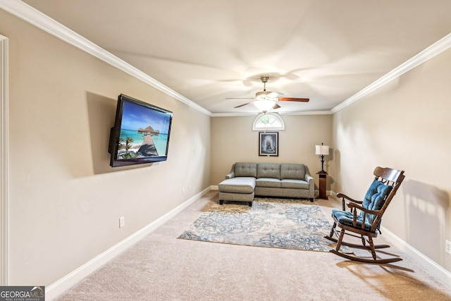5717 Meadow View Dr, Jefferson, GA 30549 - living room featuring crown molding, carpet, and a ceiling fan