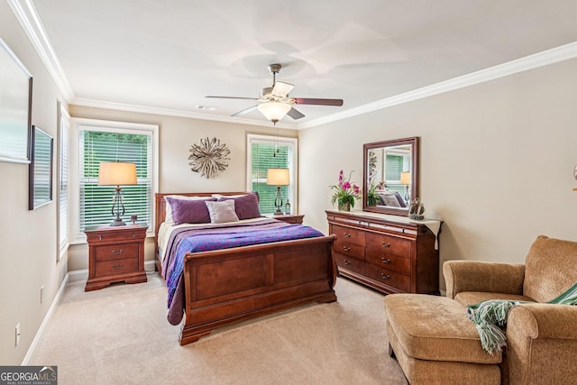 5717 Meadow View Dr, Jefferson, GA 30549 - bedroom featuring multiple windows, light colored carpet, ornamental molding, and a ceiling fan