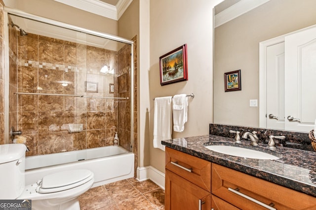 5717 Meadow View Dr, Jefferson, GA 30549 - bathroom featuring crown molding, vanity, enclosed tub / shower combo, and tile patterned floors
