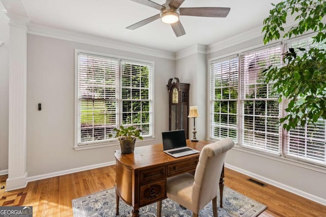 878 Treadstone Overlook, Suwanee, GA 30024 - office space featuring ceiling fan, wood finished floors, and crown molding