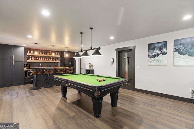 545 Quail Pass, Dawsonville, GA 30534 - recreation room with a bar, wood finished floors, recessed lighting, and billiards table