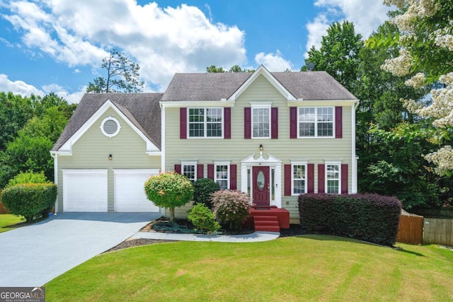 1455 Holleybrooke Dr, Alpharetta, GA 30004 - colonial inspired home with driveway, an attached garage, and a shingled roof