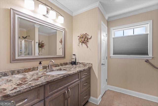 2204 Applebrook Dr, Rossville, GA 30741 - full bathroom featuring vanity, crown molding, an enclosed shower, and tile patterned floors