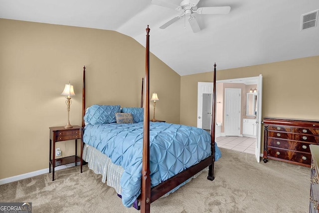 7325 Brookwood Way, Cumming, GA 30041 - carpeted bedroom with vaulted ceiling, connected bathroom, and ceiling fan
